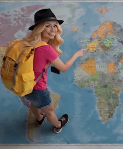Young traveler pointing at Europe on a world map, planning a Schengen trip.